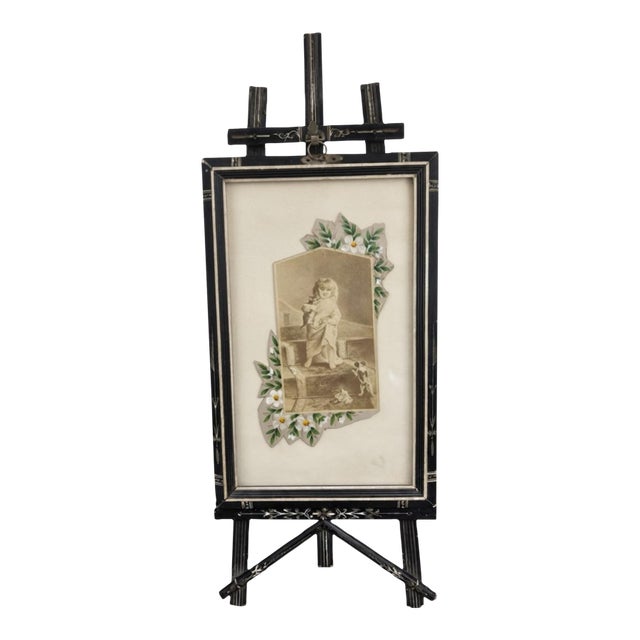 Circa 1850 Victorian Ebonized Tabletop Easel Frame With Faux-Inlay Painted Enamel For Sale