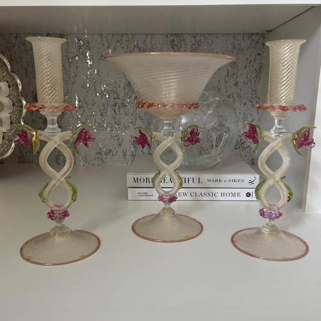 Pink Antique 1920-30s Venetian Murano Glass Garniture Set With Tazza and Candleholders- Set of 3 For Sale - Image 8 of 8