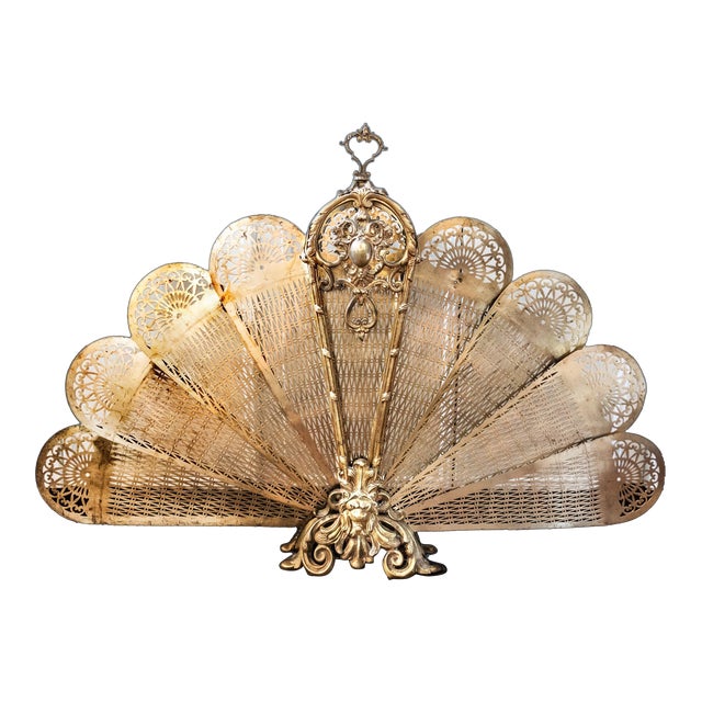 Antique Bronze Fireplace Screen Fan Napoleon III Lion Face For Sale