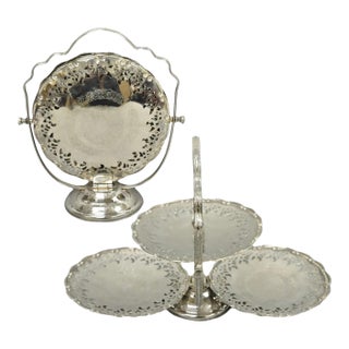 Vintage Queen Anne Style Silver Plated 3 Tiered Folding Cake Dessert Stand Tray For Sale