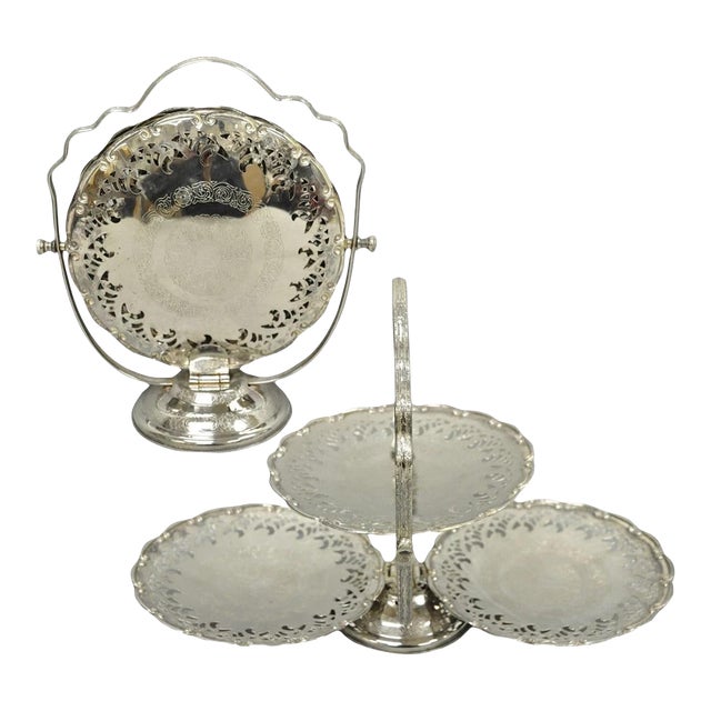 Vintage Queen Anne Style Silver Plated 3 Tiered Folding Cake Dessert Stand Tray For Sale