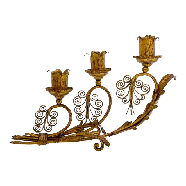 1970s Golden Italian European Gothic Wrought Iron 3-Candle Candelabra For Sale
