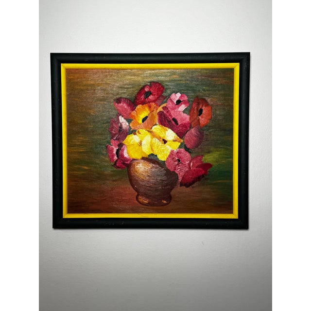 Traditional Vintage Mid Century Impressionist "Poppy" Floral Still Life Original Oil Framed Painting in Bottle Green, Dark Pink & Canary Yellow For Sale - Image 3 of 12