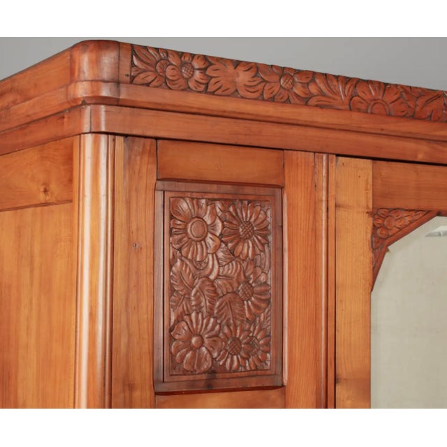 1920s Art Deco Carved Floral Armoire French Cherrywood With Mirror & Matching Marble-Topped Nightstand - Set of 2 For Sale In New York - Image 6 of 9