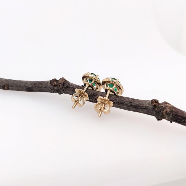 Emerald Stud Earrings With Earth Mined Diamonds Halo: Solid 14k Gold, Oval 7x5mm, A Pair For Sale In Columbus - Image 6 of 6