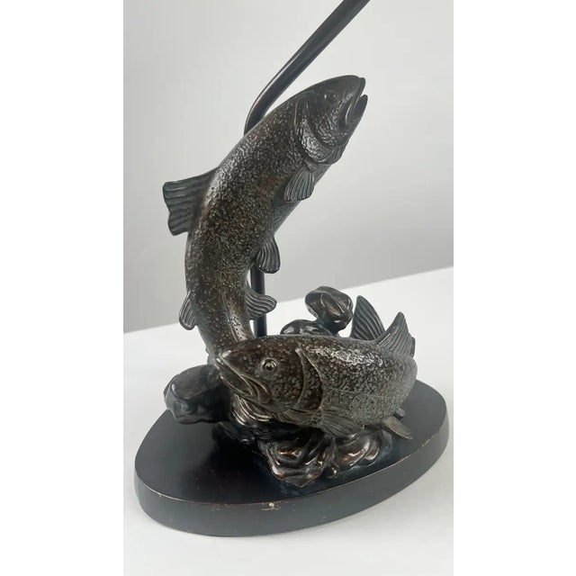 Metal Rustic Style Flying Trout Table Lamp With Bronzed Base and Faux Leather Shade For Sale - Image 7 of 18