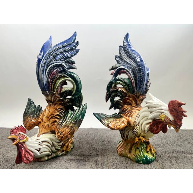 Vintage Hand-Painted Italian Majolica Ceramic Fighting Rooster Sculpture, a Pair 1980's For Sale - Image 11 of 15