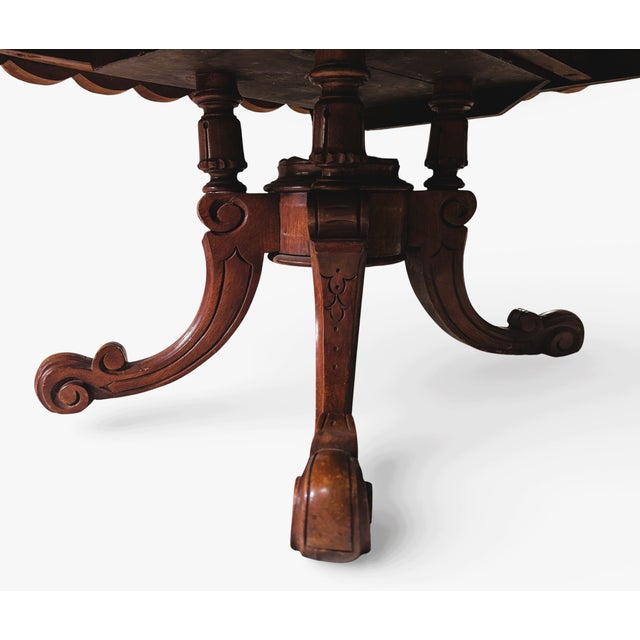 Antique Oval Burlwood Coffee Table With Marquetry Inlay and Scalloped Edge For Sale - Image 12 of 16