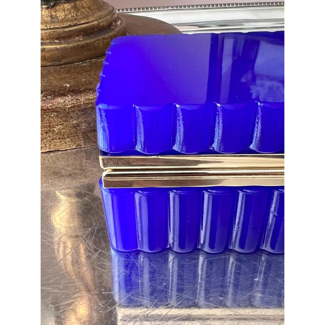 1960s Cobalt Italian Opaline glass casket with gold mounts and scalloped sides For Sale - Image 13 of 16