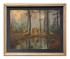 Peggy Byars Idealized Forest Hunting Scene Realism Oil Painting Mid Century