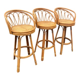 1970s Bent Bamboo and Rattan Swivel Barstools - Set of 3 For Sale
