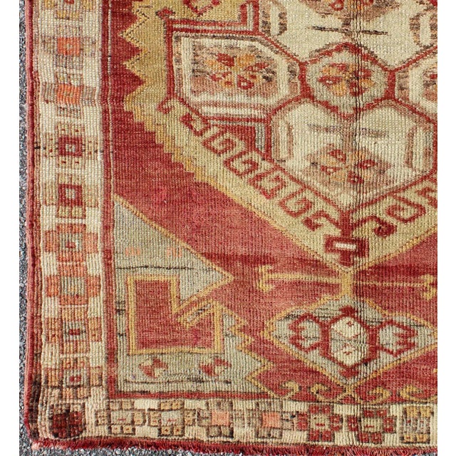 Square Turkish Oushak With Medallion Design in Muted Red, L. Green & Yellow For Sale - Image 4 of 7