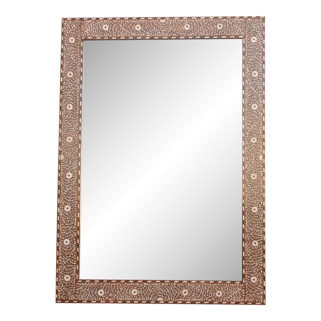 Grand Artisanal Floral Inlay Walnut Finish Mirror For Sale