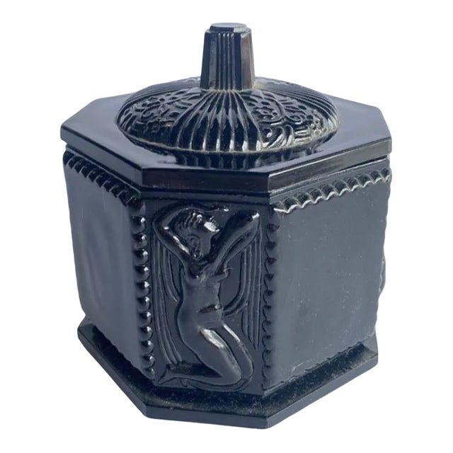 1920s Art Deco Black Amethyst Tiara Glass Vanity Jar With Nude Woman For Sale