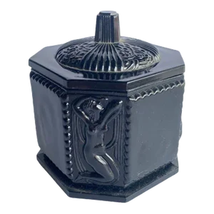 1920s Art Deco Black Amethyst Tiara Glass Vanity Jar With Nude Woman