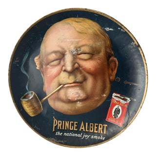 Antique 1920s Prince Albert Tobacco Circular Metal Advertising Sign/Tray For Sale