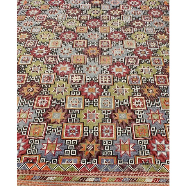 Textile Mid 20th Century Colorful Vintage Kilim Embroidered Jajeem With Star Design in Green, Blue & Red For Sale - Image 7 of 12