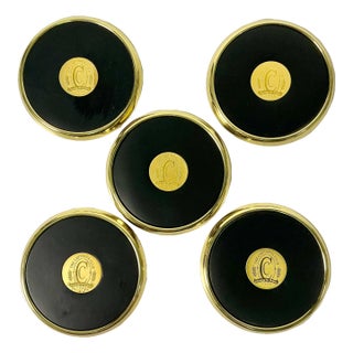 1990s Vintage Hollywood Regency Traditional Brass & Leather Coasters - Set of 5 For Sale