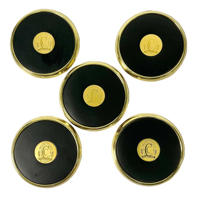 1990s Vintage Hollywood Regency Traditional Brass & Leather Coasters - Set of 5 For Sale