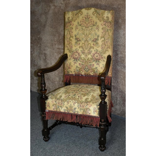 Antique Carved Oak Armchair 1920s Tudor Style High Back Fringe Stretcher Base For Sale - Image 13 of 13