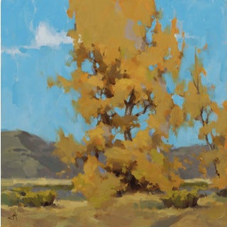 Before the Fall by Judd Mercer | Oil On Panel Autumn tree with golden leaves against a blue sky. For Sale