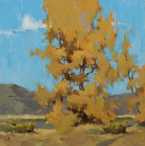 Before the Fall by Judd Mercer | Oil On Panel Autumn tree with golden leaves against a blue sky.