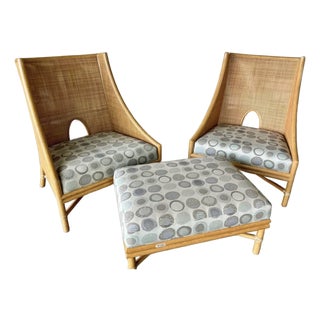 1960s Barbara Barry for McGuire Mid-Century Modern Rattan Cane Lounge Living Room Chair 2 & Ottoman - Set or Individual Considered For Sale