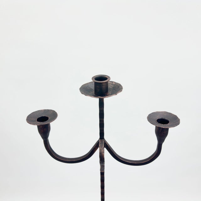 2020s Hand Forged Iron Floor Candelabra 49″ (124cm) Antique Copper or Gold Patina 3-Arm Twist Stem Candle Holder Rustic Decor For Sale - Image 5 of 11