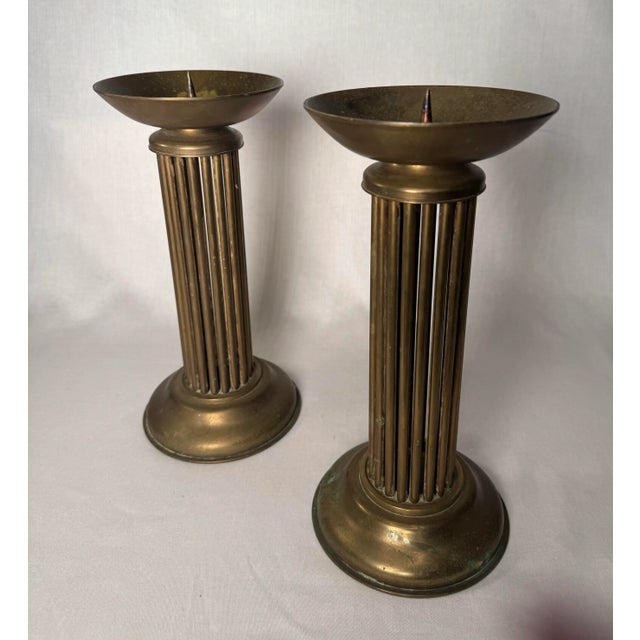 Metal Hollywood Regency Column Brass Pillar Candle Holders, a Pair For Sale - Image 7 of 12