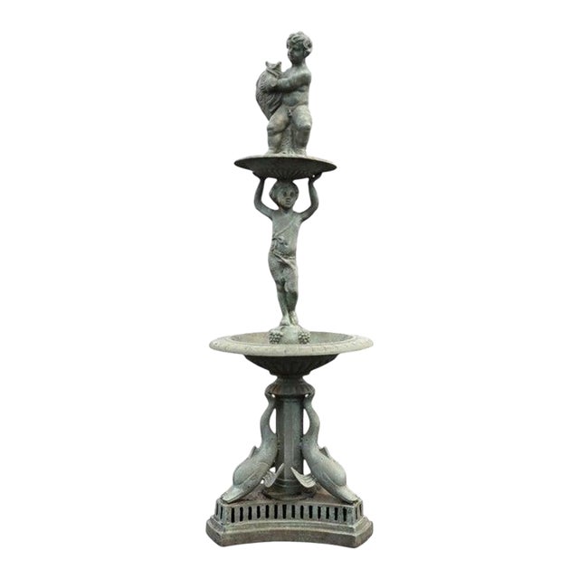 Vintage Figural Cherub & Dolphon Cast Iron Garden Fountain Mid 20thC For Sale