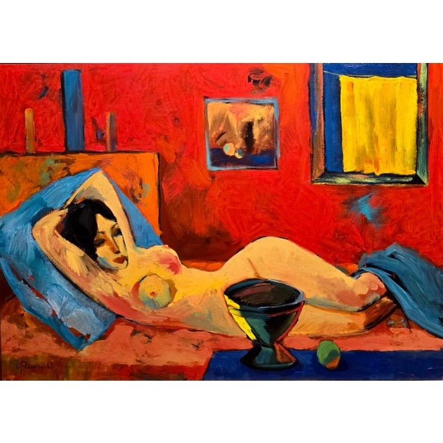 Minas Avetisyan 1963 Mid-Century Armenian Modernist Reclining Nude -Oil Painting For Sale - Image 4 of 12