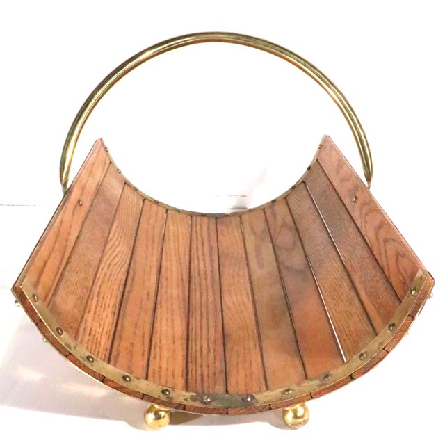 Vintage Oak and Brass Fireplace Log Wood Holder C. 1970/80's For Sale - Image 10 of 11