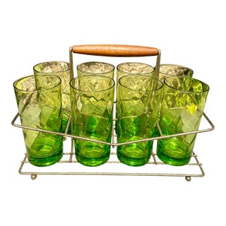 Mid 20th Century Green Cocktail/Drinking Glasses With Caddy- 9 Pieces For Sale