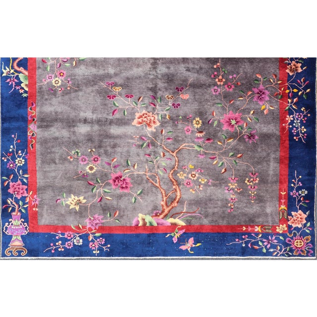 Antique Art Deco Rug in Soft Grey Field With Navy Blue and Red Border For Sale - Image 10 of 14