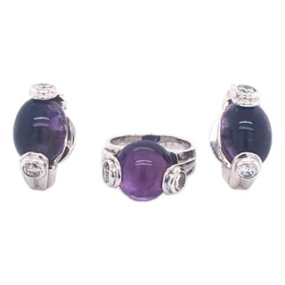 10kw Cabochon Amethyst Ring and Earing Diamond Set, 3 Pieces For Sale