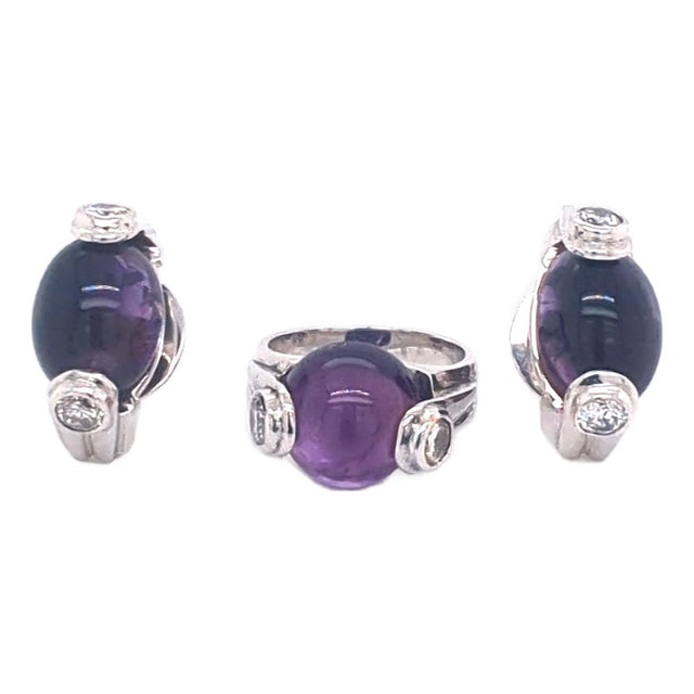 10kw Cabochon Amethyst Ring and Earing Diamond Set, 3 Pieces For Sale