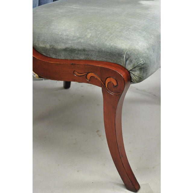 Blue Vintage French Hollywood Regency Mahogany Saber Leg Parlor Lounge Chair - A Pair For Sale - Image 8 of 16