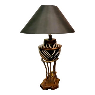 Black Bronze Zebra Print Regency Style Faux Bamboo Black Shade Table Lamp For Sale