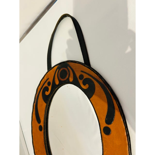 1970s 1970s Handmade Leather Petite Oval Mirror Boho Fab! For Sale - Image 5 of 6