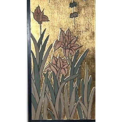 Vintage Chinese Chinoiserie Gilt Wood Wall Panels Panoramic Wisteria and Iris Floral Scene Set of Four For Sale - Image 4 of 18