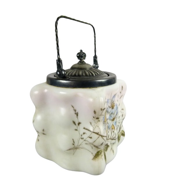 Gemstone Late 19th Century Wavecrest Opal Ware Biscuit Jar by c.f. Monroe Hand Painted Floral Design With Silver Plated Handled Lid For Sale - Image 7 of 11