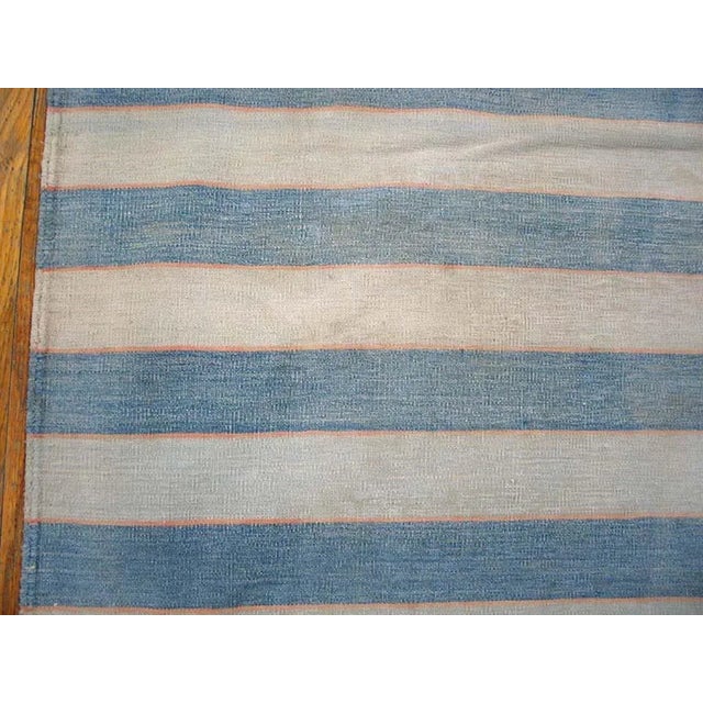 Indian 1930s Blue White Stripe Antique Indian Cotton Dhurrie Carpet 12' X 18' 6" Flatweave Wool Rug For Sale - Image 3 of 9