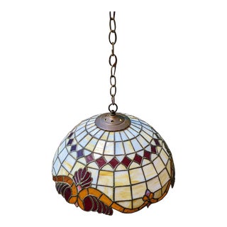 Large Vintage Tiffany Style Stained Glass Ceiling Pendant Light Fixture For Sale