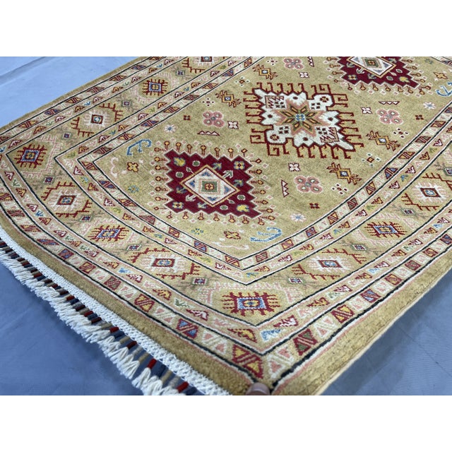 Golden Beige Kazak Tribal Wool Rug With Three Medallions, 4'2" X 5'9" For Sale - Image 12 of 14
