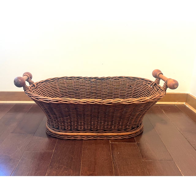 Mid 20th Century Vintage Woven Wicker Basket With Turned Wood Handles & Wood Slatted Base For Sale - Image 5 of 14