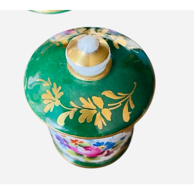 Antique Green French Victorian Hand Painted Porcelain ApothecaryJars With Lids, Set\3 For Sale - Image 4 of 7