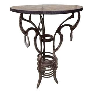 Vintage Round Side Table with Wrought Iron Base, 1980s For Sale
