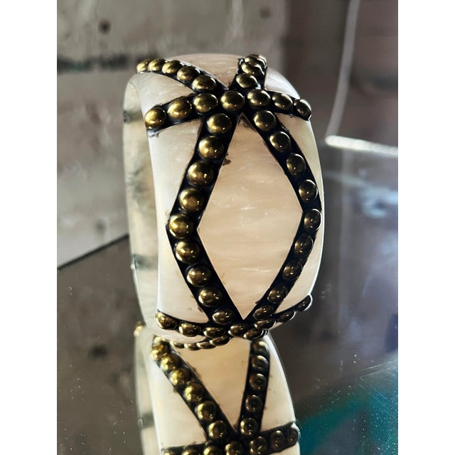 Vintage 1980s Ivory Lucite Bangle With Brass Stud Grid For Sale - Image 4 of 9