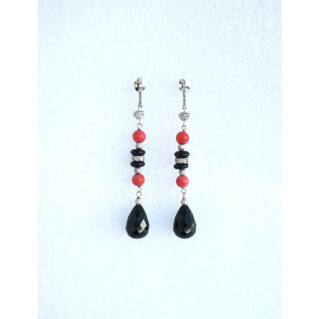 Italian Diamond Coral and Black Onyx Dangle Earrings, Pair For Sale - Image 4 of 10