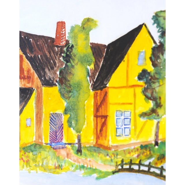 Mid-Century Modern 1950 Mid-Century Swedish Folk Art Original Watercolor Painting of a Traditional Half-Timbered House For Sale - Image 3 of 7
